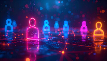 Multicolor glowing avatars spread across a digital network, highlighting virtual connections, teamwork, and online collaboration.