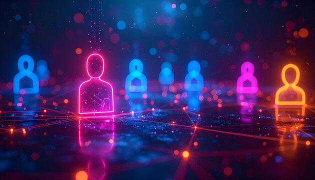 Multicolor glowing avatars spread across a digital network, highlighting virtual connections, teamwork, and online collaboration.