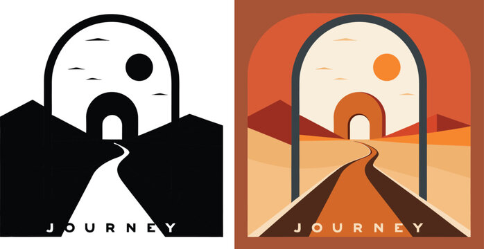 Embark on a captivating desert adventure through ancient archways towards a radiant sun, symbolizing hope and exploration.