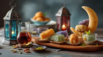 Fototapeta premium Warm and Inviting Asian Dessert Table with Colorful Delicacies and Traditional Lanterns