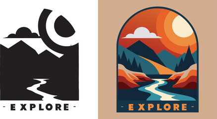 Vibrant retro landscape artwork captures the thrill of adventure with mountains, river, and sun, perfect for outdoor branding.