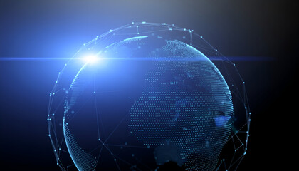 Abstract digital planet formed by glowing dots and geometric hexagons, illustrating global data systems.