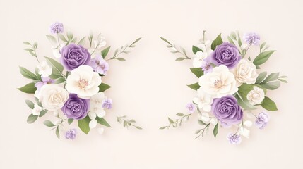 78.A stunning floral template with a mix of rich purple and white flowers and delicate greenery, arranged in an elegant, symmetrical design. The background is a soft pastel gradient, making it