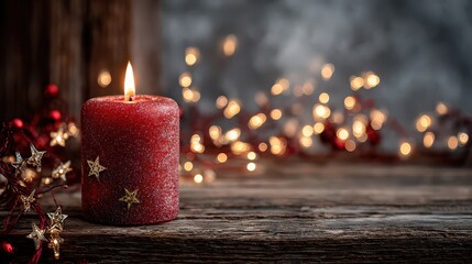 Festive Red Candlelight with Bokeh on Rustic Wood Table with Glittering Ornaments for Holiday Decoration and Warm Atmosphere in Dark Background