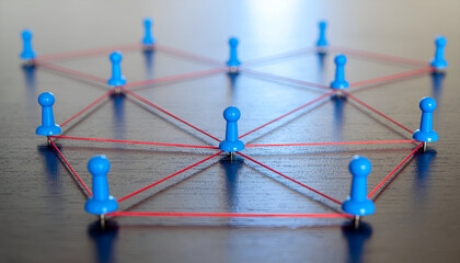 Blue pegs linked by red paths on a flat surface, depicting social networks, organization systems, and cooperation.