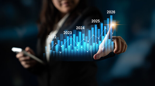Business bar chart and line graph showing yearly business growth from 2022 to new year 2026, represent data analytics, future 2026 planning, business 2026 trend, and performance analysis 2026 Latch