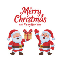 Two Cartoon Santas with Gift and Waving Hand | Merry Christmas and Happy New Year Greeting Vector