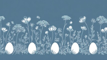 Floral Pattern on Blue Background with White Eggs and Delicate White Flowers and Foliage Design for Textile or Wallpaper Decoration