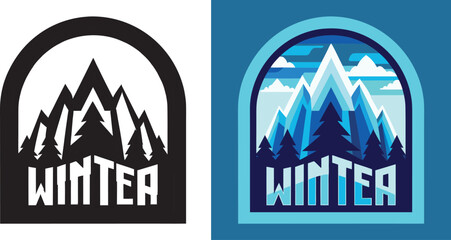 Bold "WINTER" text design featuring stylized snowy mountains and pine trees within an arched frame, perfect for seasonal promotions and adventure brands.