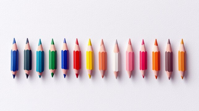 A colorful collection of double-ended colored pencils is neatly arranged in a horizontal line on a plain white surface.