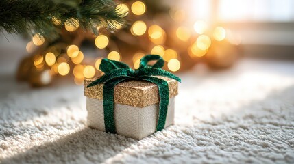 Golden Gift Box with Green Ribbon on White Carpet under Christmas Tree with Bokeh Lights Holiday Season Still Life Festive Atmosphere