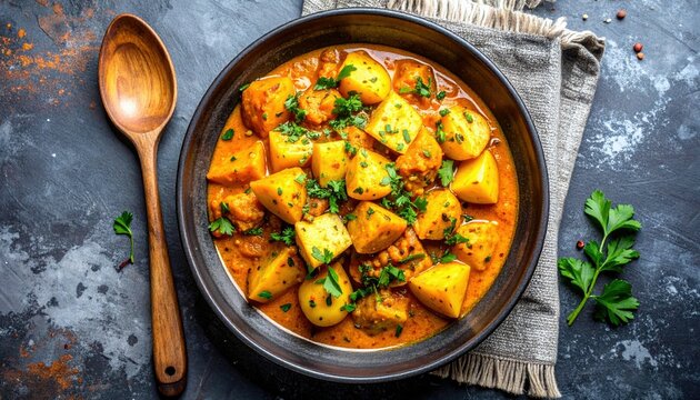 A close-up overhead shot of a dark bowl filled with a hearty potato curry, garnished with fresh parsley and served with a wooden spoon on the side.
