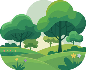 Green park landscape vector illustration featuring lush trees rolling hills and small colorful flowers outdoor scene