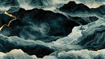 Intricate, abstract design featuring a celestial moon, deep colors, and flowing textures.