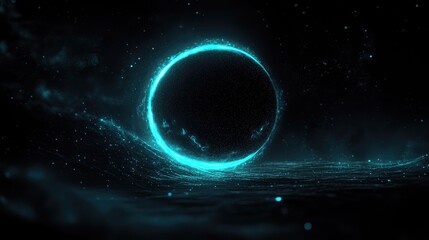 Glowing turquoise ring in a dark space.