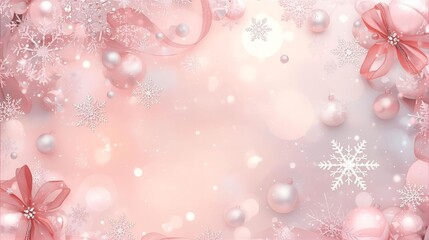 Soft Pink Holiday Background With Snowflakes, Ornaments, Ribbons And Gift Boxes For Christmas Decor