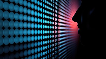 Silhouette profile of a person facing a futuristic light grid.