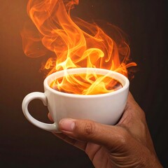 A person's hand holds a white ceramic cup filled with a dark liquid, flames erupting from within and above it, against a dark backdrop