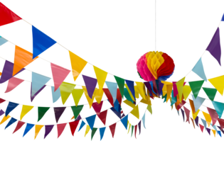 Colorful bunting flags with paper pom pom ball or Honeycomb paper ball Used for hanging decorations at New Year's events, festival celebrations, Thai Songkran festivals isolated on white background