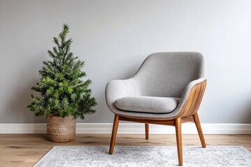 Fototapeta premium Mid-century modern style armchair sits beside a small evergreen plant indoors