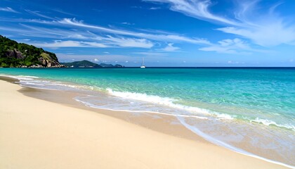 A pristine beach scene features crystal-clear turquoise waters lapping onto white sand. A small sailboat is visible on the horizon beneath a vibrant blue sky