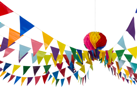 Colorful bunting flags with paper pom pom ball or Honeycomb paper ball Used for hanging decorations at New Year's events, festival celebrations, Thai Songkran festivals isolated on white background