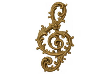 Golden ornate treble clef symbol with baroque floral scrolling details, representing classical music and elegant design, transparent background