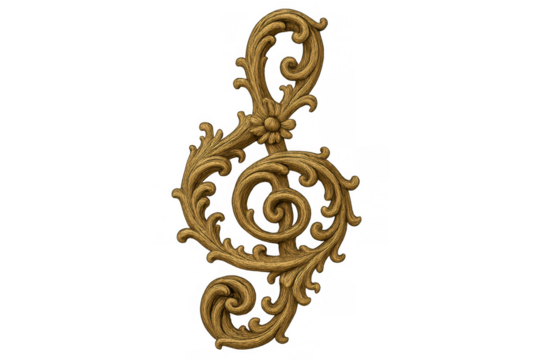 Golden ornate treble clef symbol with baroque floral scrolling details, representing classical music and elegant design, transparent background