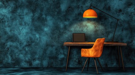 Modern workspace with teal-toned accent wall and orange furnishings.