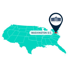 Isolated map of united states with the White House pin point in Washington D.C. Vector illustration.