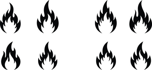 Set of flame icons, stylized fire shapes, burning heat symbol vector illustration, black fire graphic design elements for logo, tattoo, stickers, decals