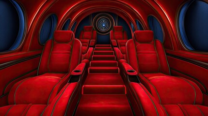Luxurious, red interior of a futuristic private jet.