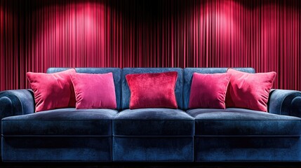 Luxurious, dark blue velvet sofa with pink cushions against red curtains.