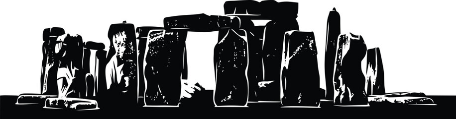 Ancient Stonehenge monument vector illustration, historic megalithic structure silhouette design, black and white landmark artwork symbolizing prehistoric culture, history, and architecture