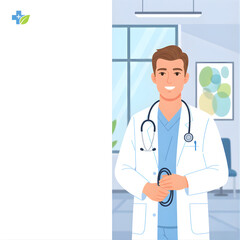 Fototapeta premium Friendly Smiling Male Doctor Cartoon Illustration Holding Stethoscope
