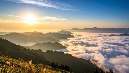 A scenic mountainous landscape captures the sun rising above a sea of clouds, with rolling hills and vibrant colors
