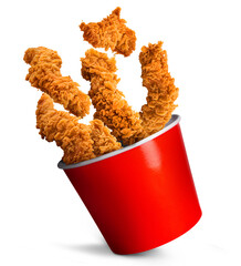 Flying Crispy Fried Chicken Strips Falling Into Red Bucket Isolated on Transparent Background (PNG). Tasty crunchy chicken tenders arranged creatively, perfect for fast food advertising. © Mohamed