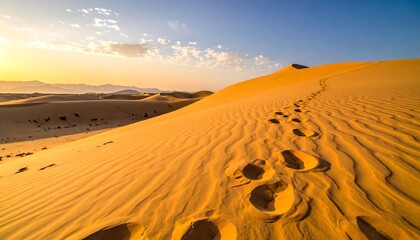 A scenic desert landscape, with a towering sand dune catching the warm glow of the setting sun, highlighted by human footprints