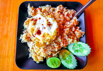 Thai food fried rice with chicken chili lime egg Thailand.