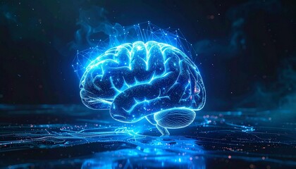 Illuminated brain model, showcasing neural networks and connections, glowing in a futuristic scene