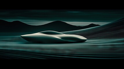 Futuristic vehicle glides across a rippled desert landscape.
