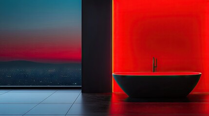 Modern bathroom with vibrant red accents and city view.