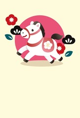 年賀2026　午年　馬　年賀状　可愛い馬と松竹梅　和風モダン　フレーム　テンプレート　イラスト素材