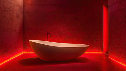 Modern, minimalist bathtub in a vibrant crimson room.