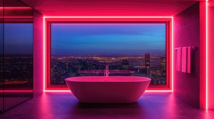 Modern, illuminated bathroom with panoramic city view.