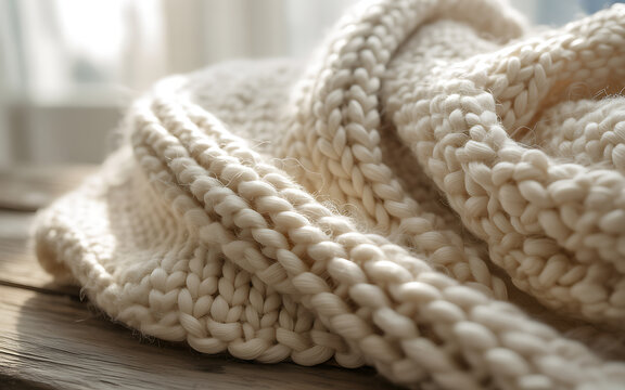 Close-up of a chunky knit blanket soft and cozy texture perfect for winter warmth and home decor