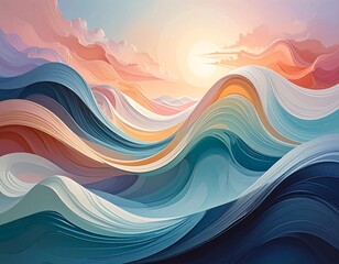 A pastel landscape with flowing, wave-like forms in shades of blue, orange, and white, under a sunrise