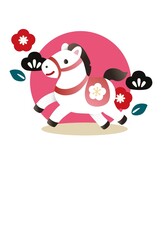 年賀2026　午年　馬　年賀状　可愛い馬と松竹梅　和風モダン　フレーム　テンプレート　イラスト素材