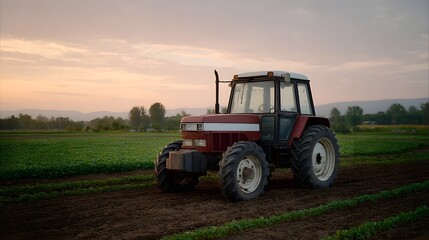 Obraz premium A red and white tractor sits in a tilled agricultural field during a serene dawn with rows of green crops stretching towards the horizon under a