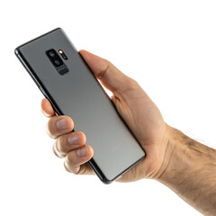 Hand holds modern smartphone, tech innovation concept